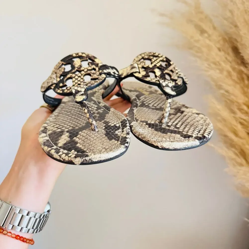 TORY BURCH Beige Black Roccia Snakeskin Leather Miller $258 Slides Sandals 7.5